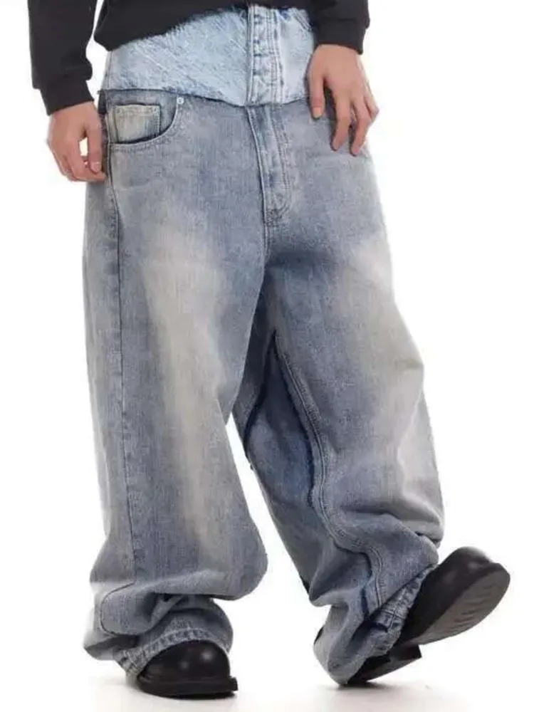 Niche Colorblock Patchwork Wide Leg Blue Jeans Men's Spring 2025 New Straight Double Waist Design Denim Trousers 2V0HB