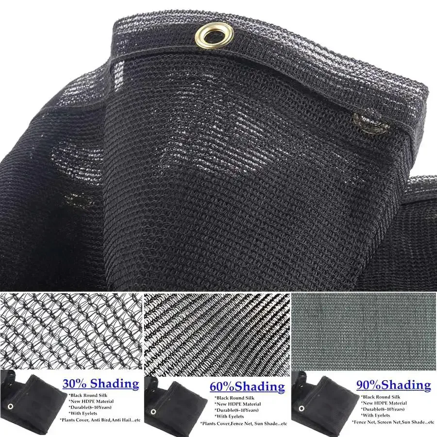 yesHDPE Black Round Wire Sun Shade Net 30%-80% Anti-UV Shade Cloth with Reinforced Eyelets for Garden Plants Terrace Balcony Pri