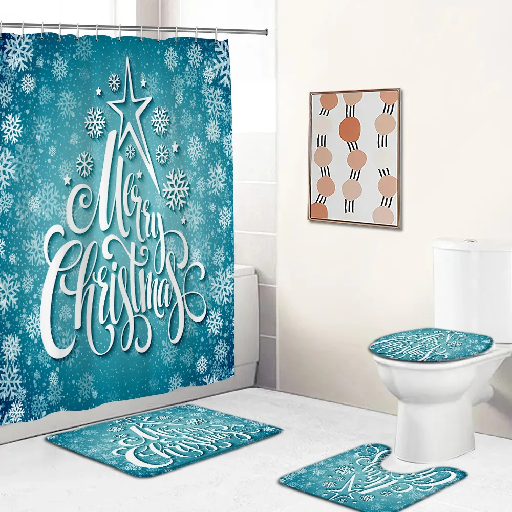 

Merry Christmas Shower Curtain Set Bath Mats Rugs Snowflake Waterproof Bathroom Curtains Anti-skid Carpet Toilet Cover Bath Mat