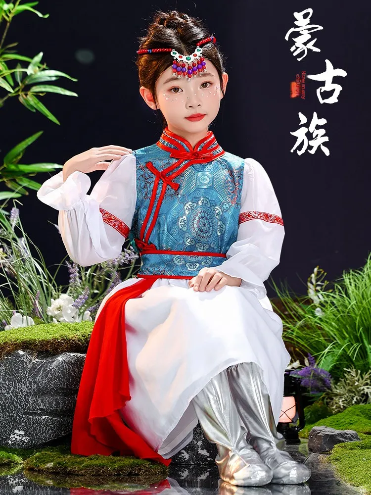 

Монгольский этнический танцевальный костюм для девочек: белая роба, традиционная этническая одежда для сценических выступлений