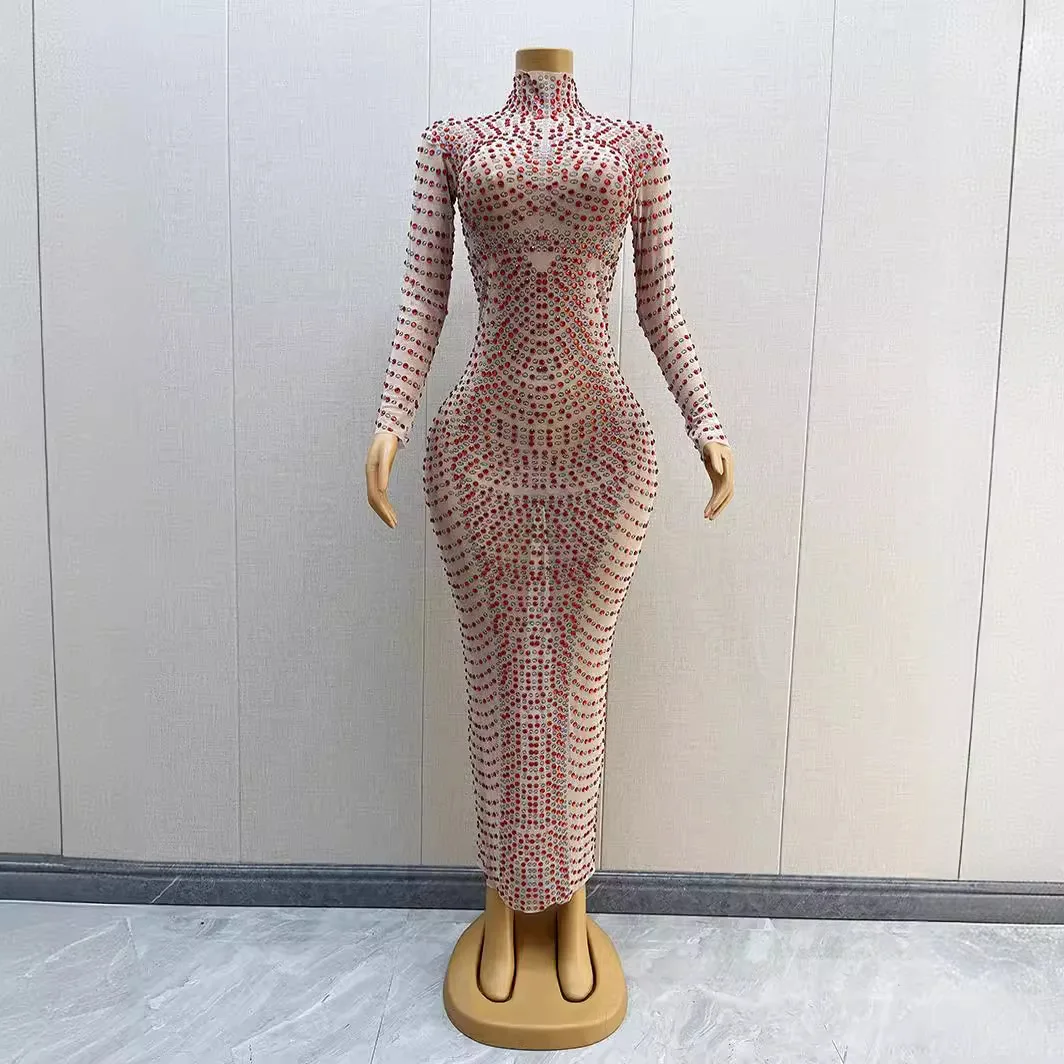 Diamond dress costume birthday costume female singer host model long sleeve small diamond fine glitter sexy perspective