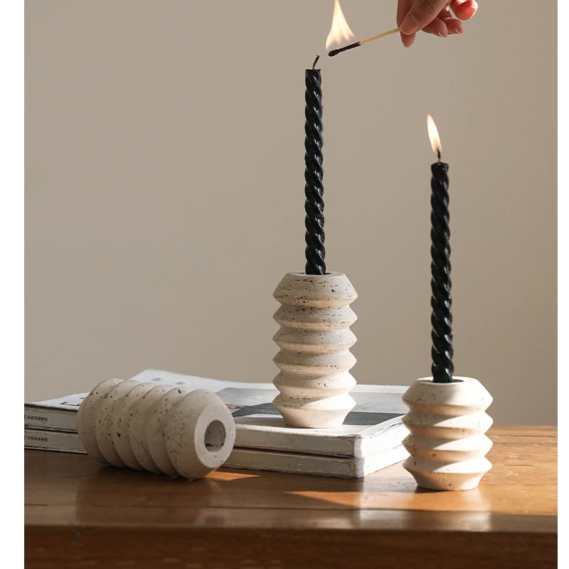 Nordic Travertine Threaded Candle Holder Natural Marble Decorative Ornament Wabi-Sabi Style Stone Aromatherapy Candle Holder