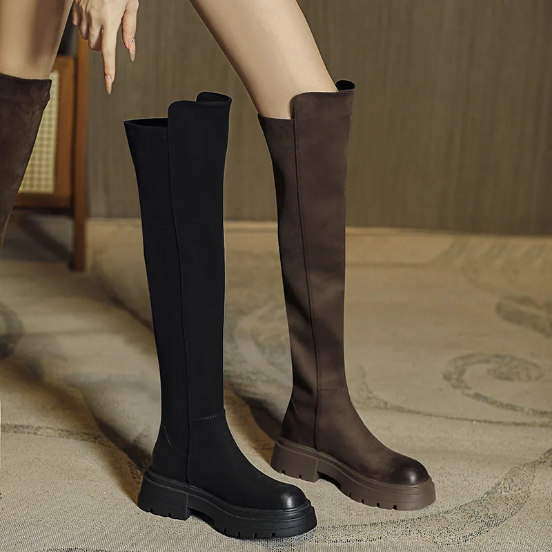 Women Flats Shoes Platform Pleated Chelsea Over The Knee Boots 2025 Winter Trend New Gladiator Suede Boots Goth High Sock Botas