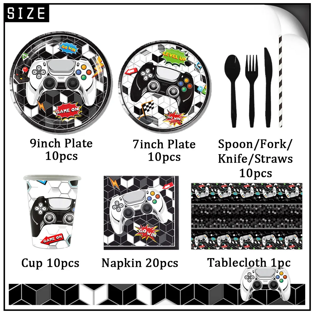 Black And White Video Game On Theme Birthday Party Disposable Tableware Plate Napkin Cup Kid Gift Level Up Game Balloon Backdrop