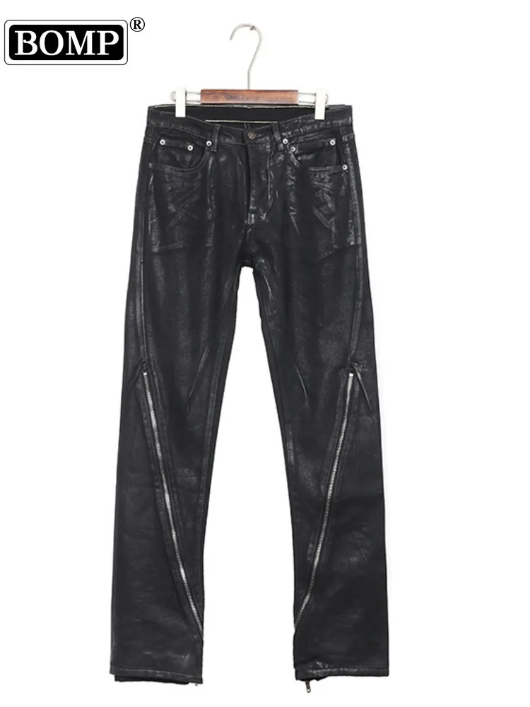 [BOMP] Dark Brushed Wax Coating Zipper Adjustable Bellbottom Pants RO Casual Jeans High Street