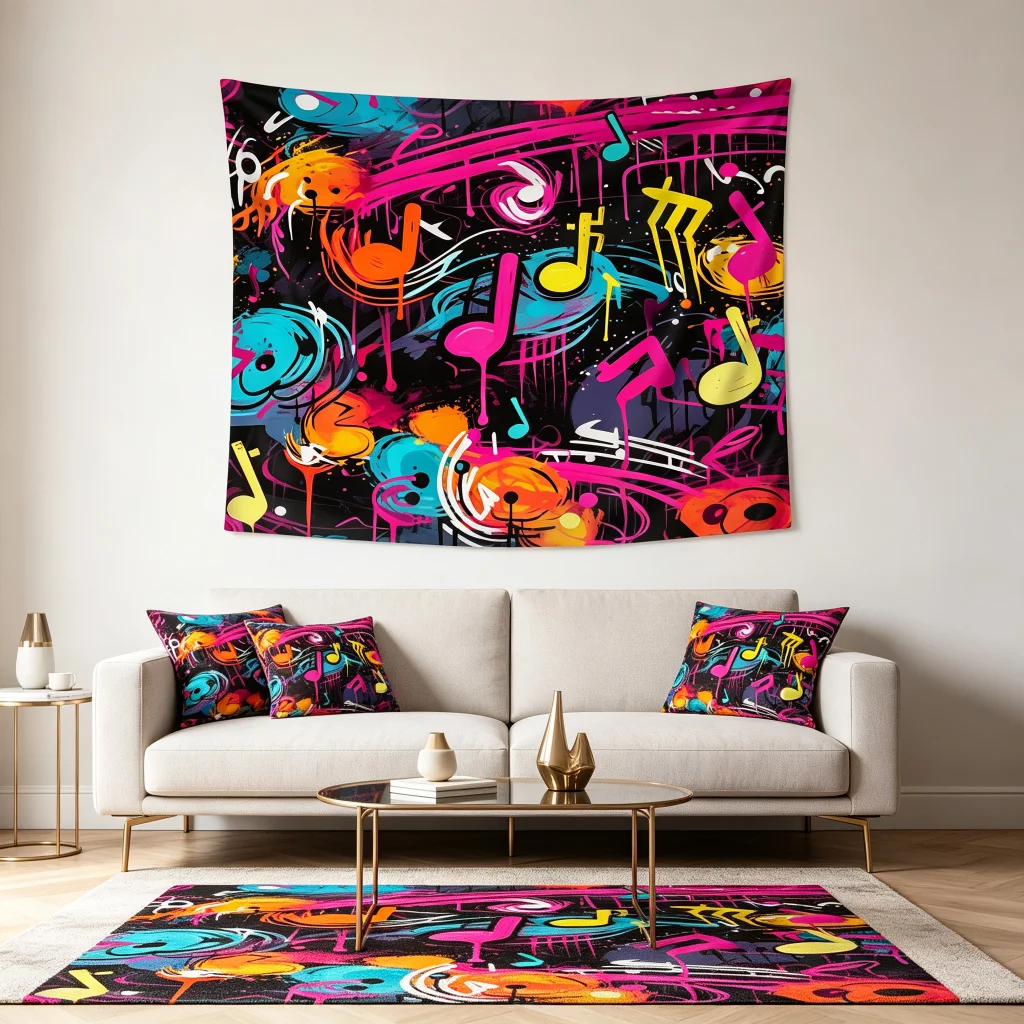 1PC Colorful Music Note Art Print Backdrop Banner, Bedroom Living Room Photo Background, Polyester, Home Decor, Wall Art