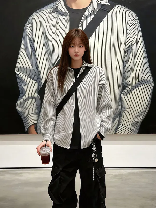 

Cleanfit Black White Vertical Stripes Men's Shirt Long Sleeve Commute Vintage Shoulder Line Outerwear Spring Season Fashion