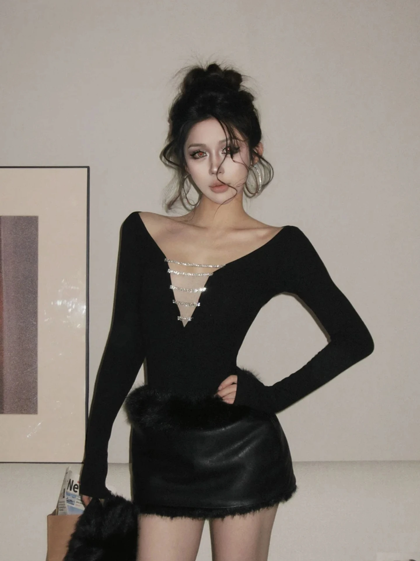 

XZY Sexy Hollow out Furry Top Diamond Chain Skirt Set Women's plus Size Winter High Waist ort Skirt Two Piece Set