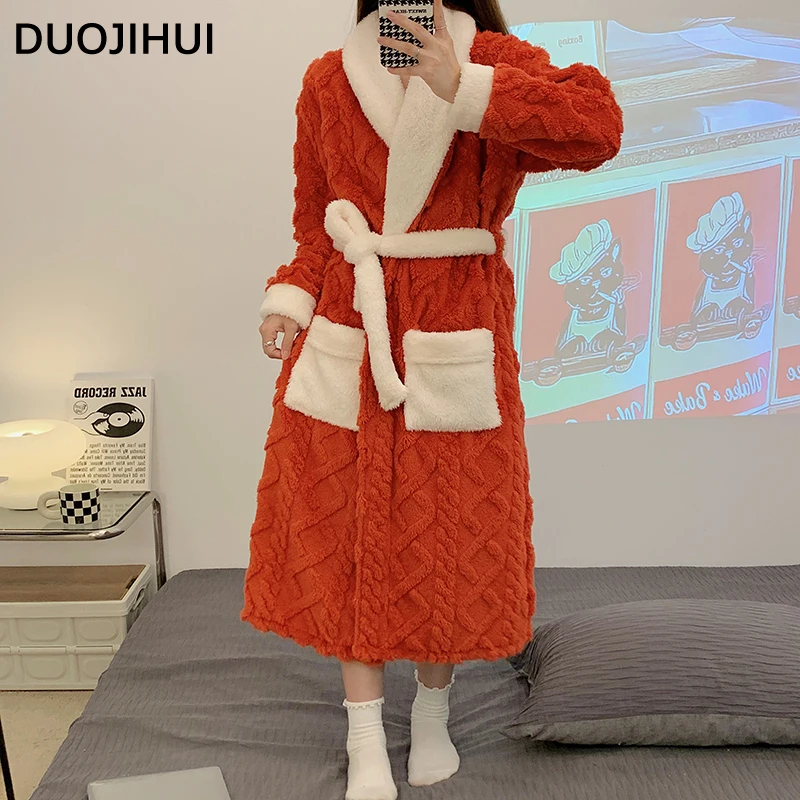 DUOJIHUI Fashion Contrast Color Loose Simple Female Nightgowns Winter Thick Warm Flannel Long Sleeved 15-colors Women Nightwear