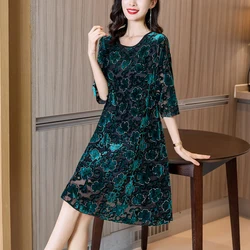 Women Silk Flocking Floral Luxury Party Evening Dress Autumn Winter Long Sleeve Elegant Vestidos 2024 Korean Chic Vestidos Prom