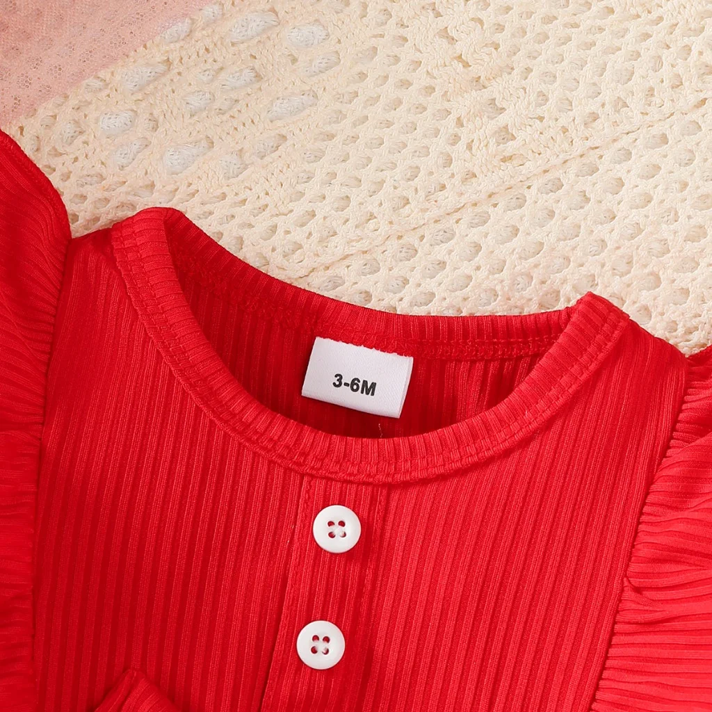 2PCS Cute Baby Girl Red Christmas Dress Long Sleeves with White Lace Decoration Princess Dress for Toddler Girl 3-24 Months