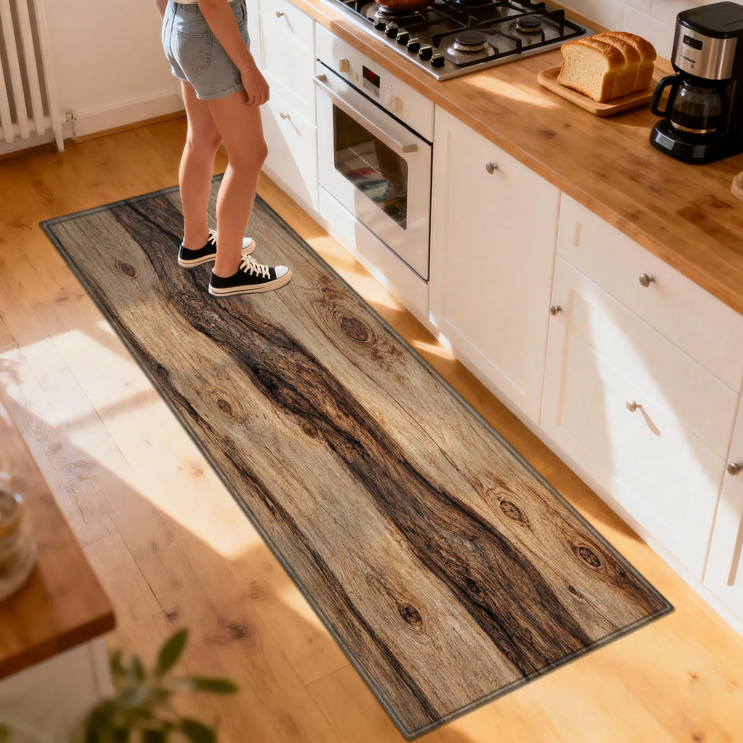 Vintage Natural Wood Grain Print Long Runner Rug, Rustic Oak Plank Pattern Non-Slip Absorbent Floor Mat for Hallway Entryway