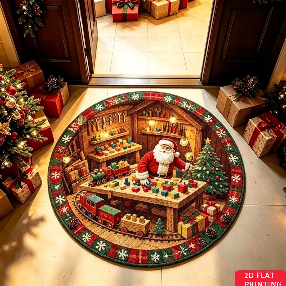 Santa Workshop Toy Train Round Printed Carpet Christmas Living Room Bedroom Home Decor Non Slip Floor Mat Gift Season