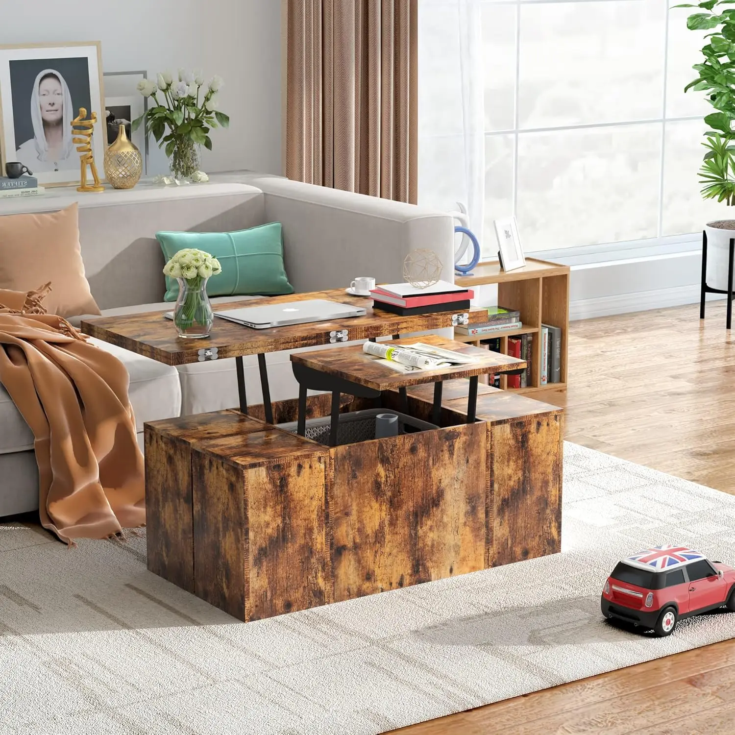 Lift Top Coffee Table,3 in 1 Multi-Function Modern Dining Table,39.4” for Living Room Reception Room (Rustic Brown)