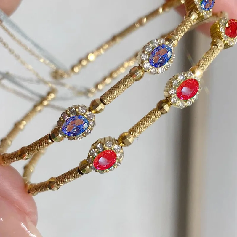 Glamorous Female S925 Sterling Silver Bracelet Boasting Woven Engraved Gold Brushed Process And Diamond Encrusted Blue Decor
