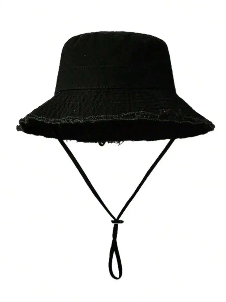 

Womens Drawstring Bucket Hat With Adjustable Chin Strap Fuzzy Trim Soft Fabric Windproof For Beach Travel Outdoor