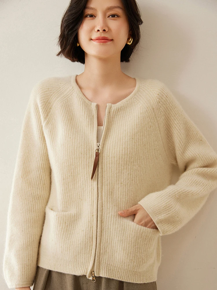 Women 100% Goat Cashmere Sweater Round Collar Zipper Cardigan Autumn Winter Luxury Fashion Cashmere Knitwear High Quality Top