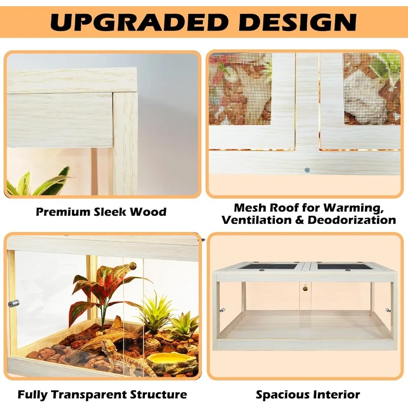 Bearded Dragon Tank 81 Gallon, Lizard Tank, Reptile Tank with Metal Mesh Roof Door, Snake Tank with Lock Design, 48" Long, Oak