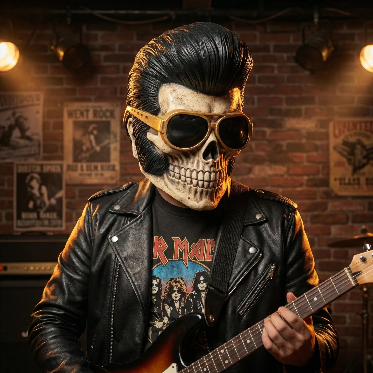 Adult Elvis Presley Costume Accessory Kit with Dead Skull Mask Black Quiff Wig Gold Glasses Rock N Roll Teddy Boy Theme