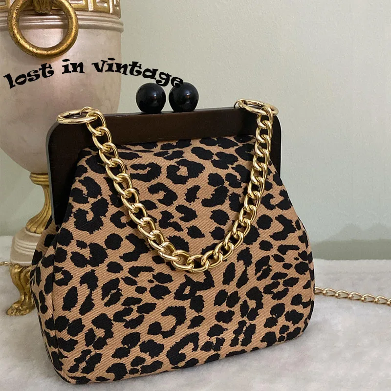 

Lost in Vintage Leopard Print Animals Fabric Soft Smooth Owl Bag Balls Bronze Kiss-lock Large Purse Clutch Large Wood Frame