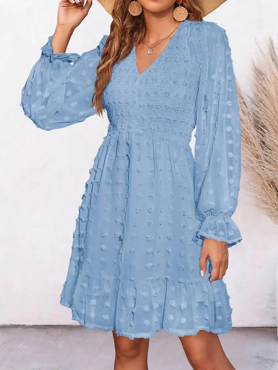Women Blue Swiss Dot Chiffon V Neck Long Sleeve Ruffle Smocked A-Line Mini Dress Casual Boho Vacation Beach