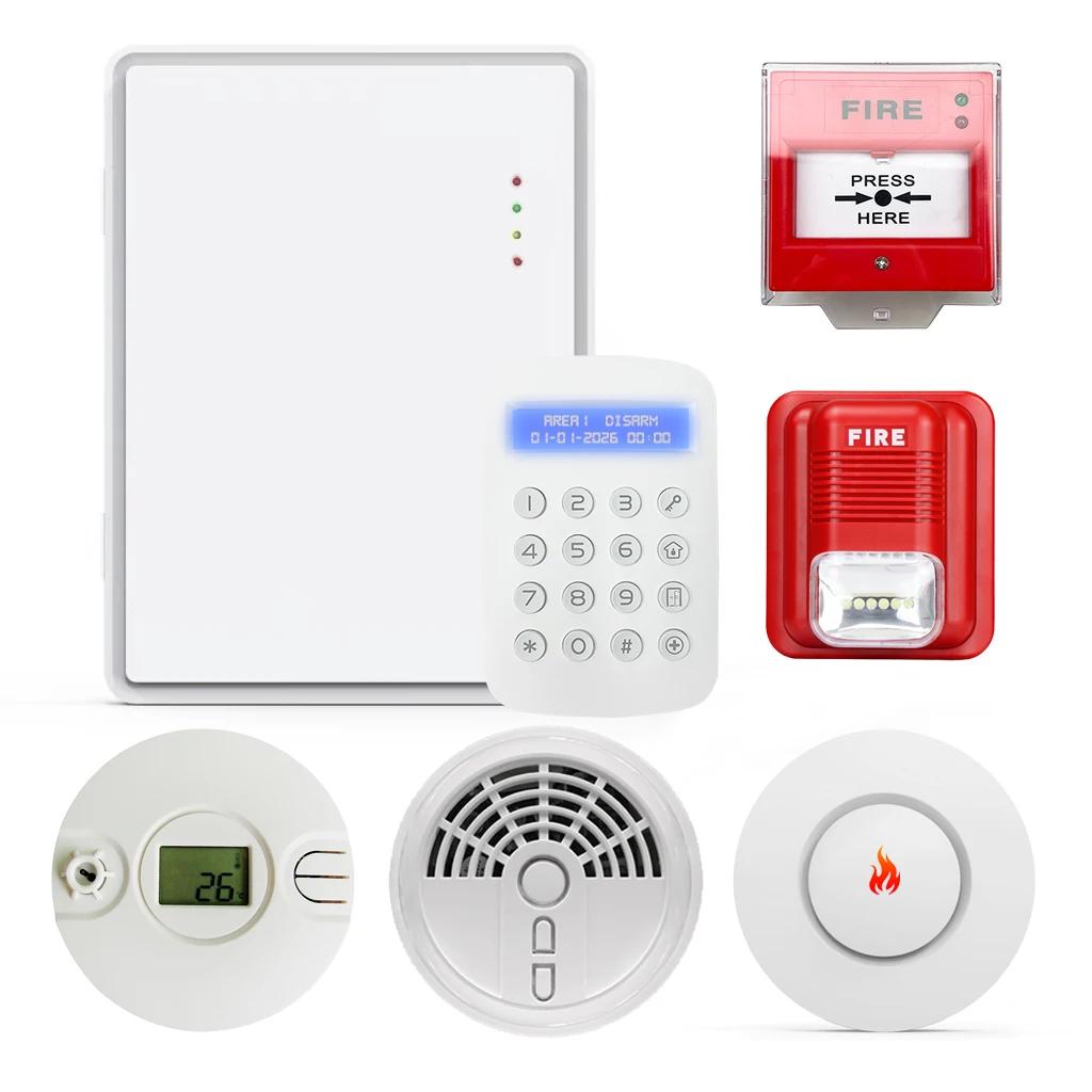 Wireless 4G Fire Alarm Panel WiFi IP Connectivity ABS Includes Fire Alarm Smoke Detector Heat Sensor Gas Alarm Manual Call Point