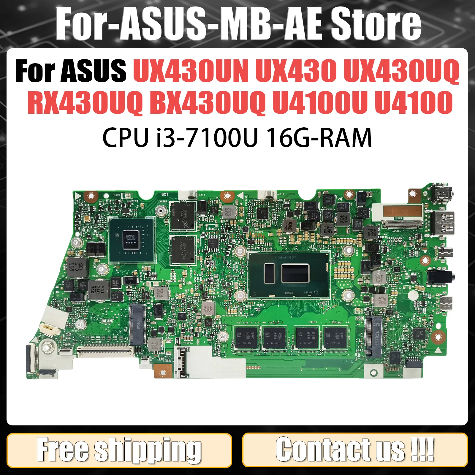 UX430UNR i3-7100U CPU 16G RAM Mainboard For Asus ZenBook UX430 UX430UQ RX430UQ BX430UQ U4100U U4100 Laptop Motherboard