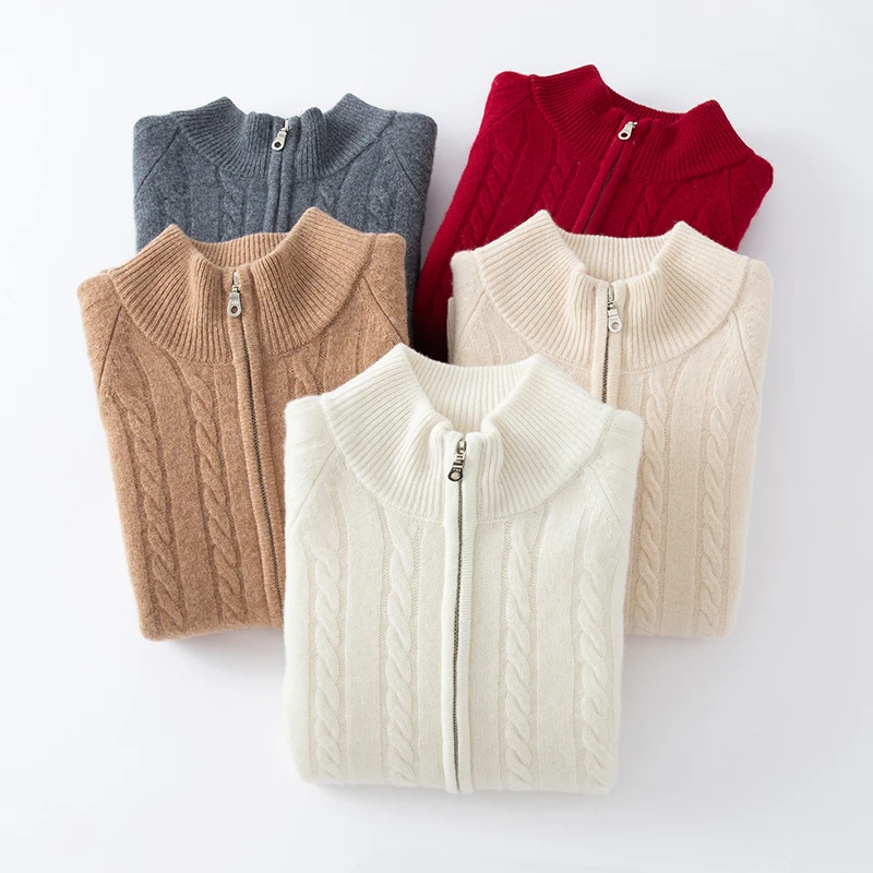 Autumn And Winter New Women's 100% Pure Cardigan Thick Coat Color Matching Stand Collar Knitted Sweater Joker