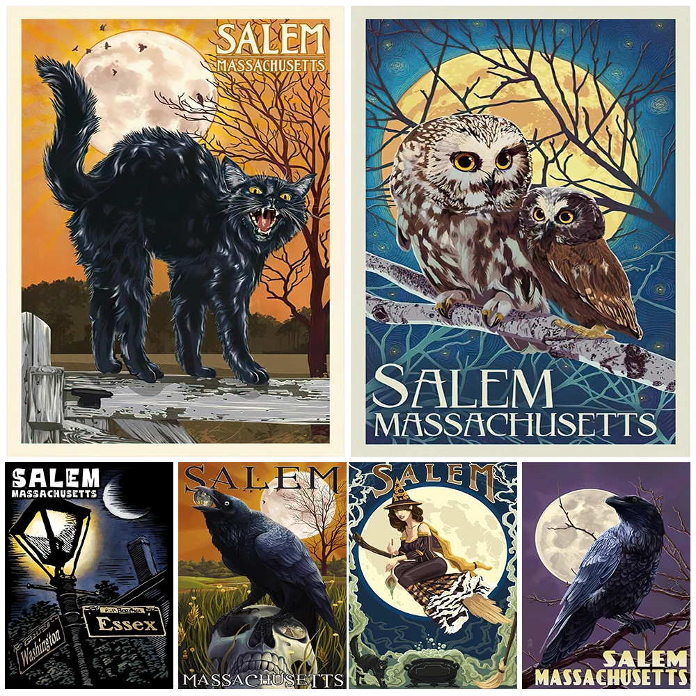 

Black Cats And Crows In Salem Witch Town Wall Art Canvas Painting Owl And Moon Wicca Art Poster Prints Home Decoration Unframed