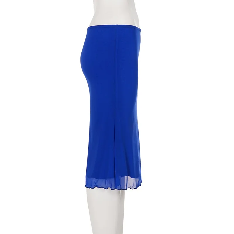 Women's Klein Blue Mesh Midi Skirt Low Waist Sexy Elegant Figure-Flattering European Style
