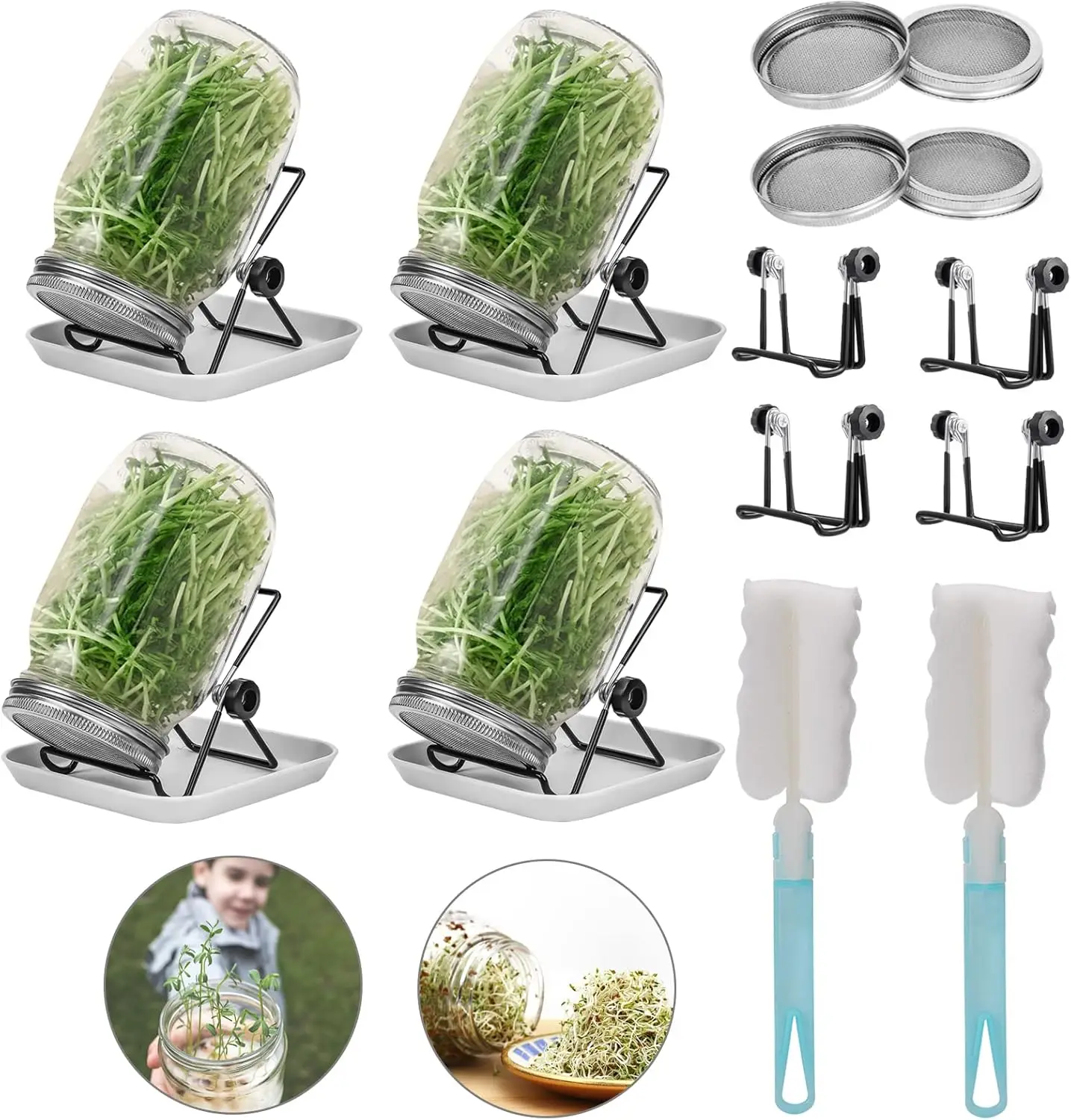 

4 Sprouting Jar Kit, Wide Mouth Quart Mason Jars with Stainless Steel Screen Sprout Lids, 86mm,1000ml,Stand,Tray and Can
