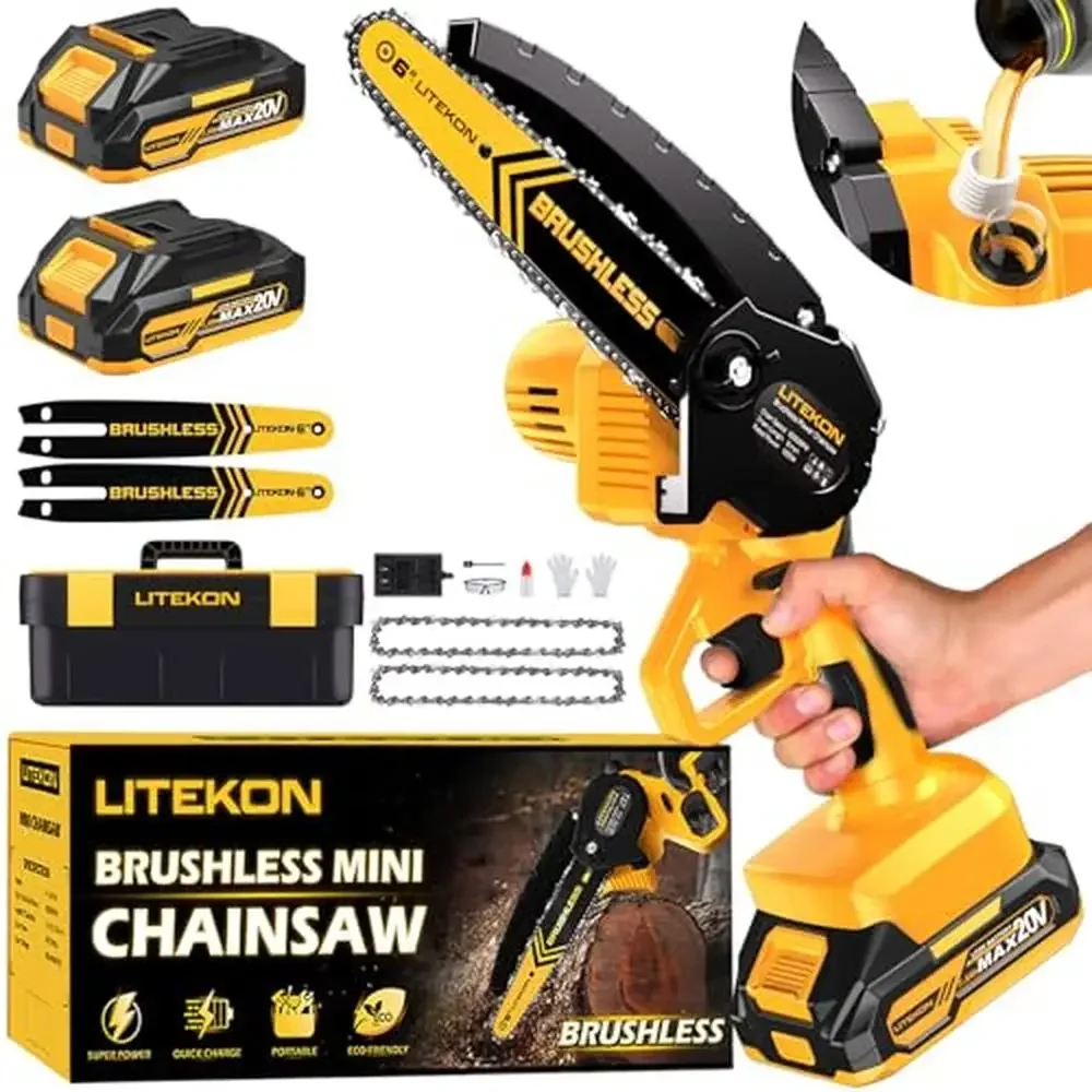 Compact Mini Chainsaw Kit with Brushless Motor High-Speed Cutting 6-Inch Handheld Chainsaw with 2 Batteries Perfect Garden