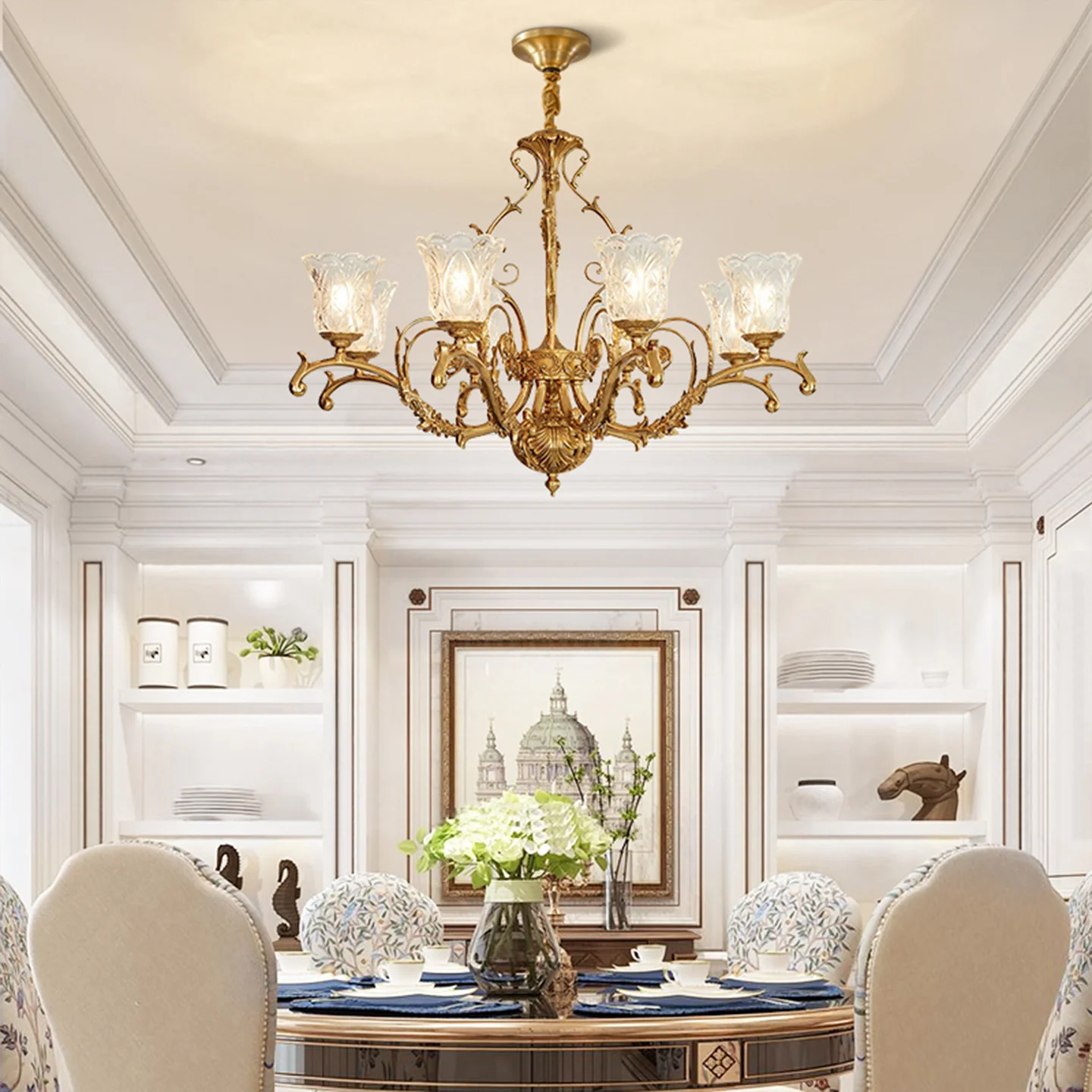 European Mid Century Living Room Dining Room Elegant Glass Chandelier Villa Hotel Hall Classic Brass Pendant Light