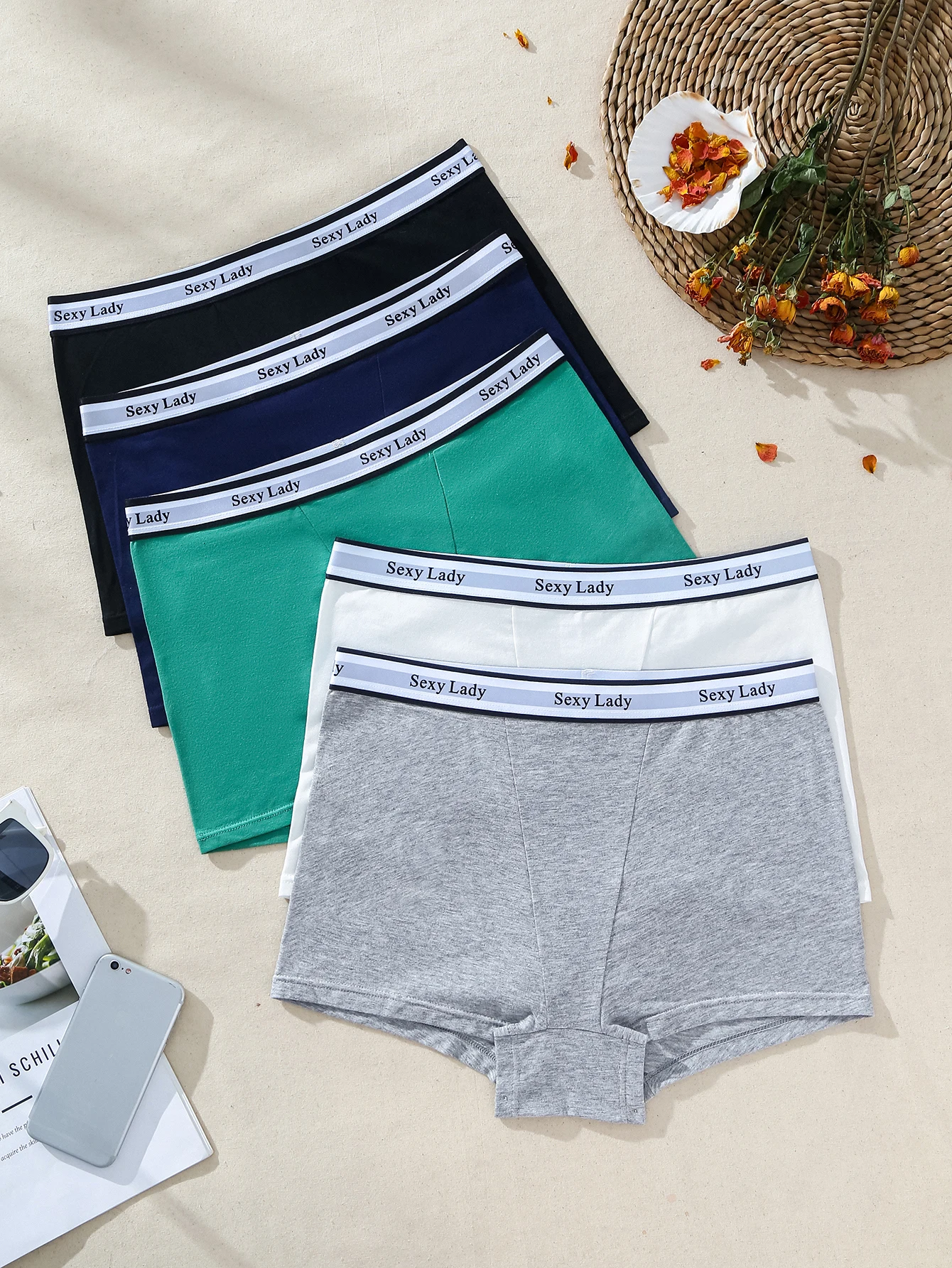 5-Pack Random Color Sexy Lady Letter Woven Waist and Flat Angle Underwear for Women's Home, Resistant to Dirt and Versatile Need