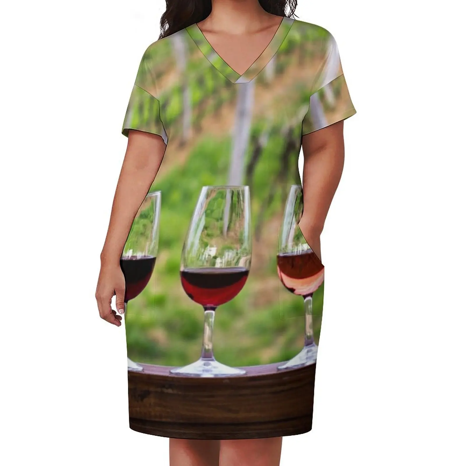 Wine glasses - wine tasting in the vineyard Loose Pocket Dress womens dress sexy short dresses daring women's dresses luxury