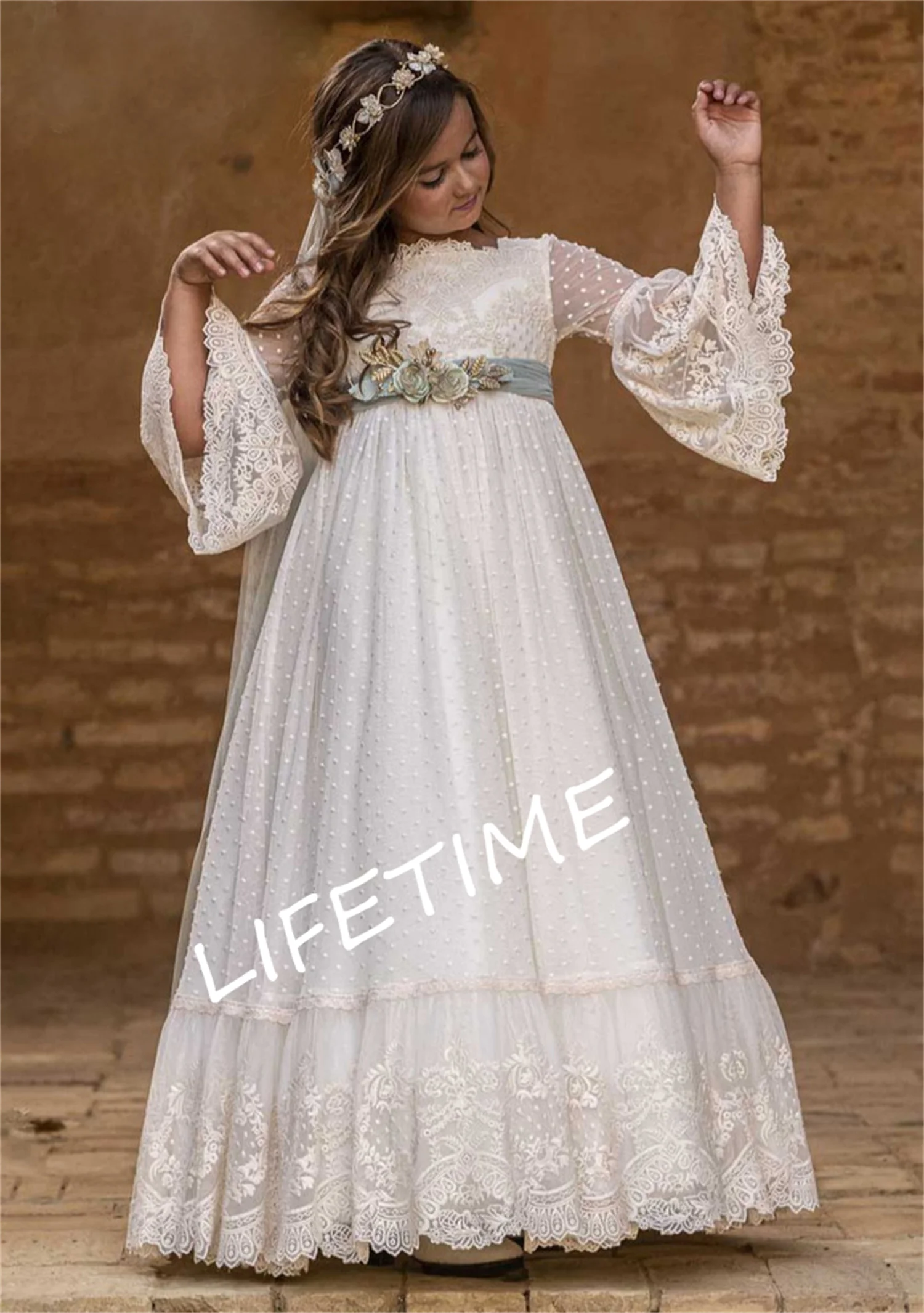 Communion Flower Girl Dress for Kid Vintage Princess Lace Floral Ribbon Belt Bridemini Wedding Bridesmaid Cotton Gown