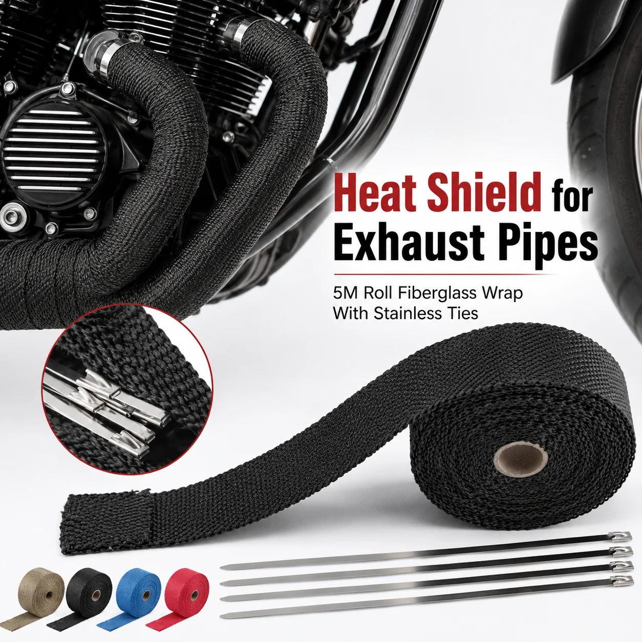 5M Rolle Motorrad-Auspuff-Hitzeschutzband Glasfaser-Krümmerrohr-Hitzeschutz Thermische Isolierbandage mit Edelstahlbändern