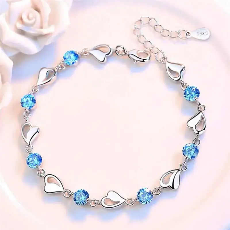 AGTEFFER 925 Sterling Silver Bracelet Jewelry High Quality Retro Heart Wedding Shaped Cubic Zirconia Length 17CM+4CM