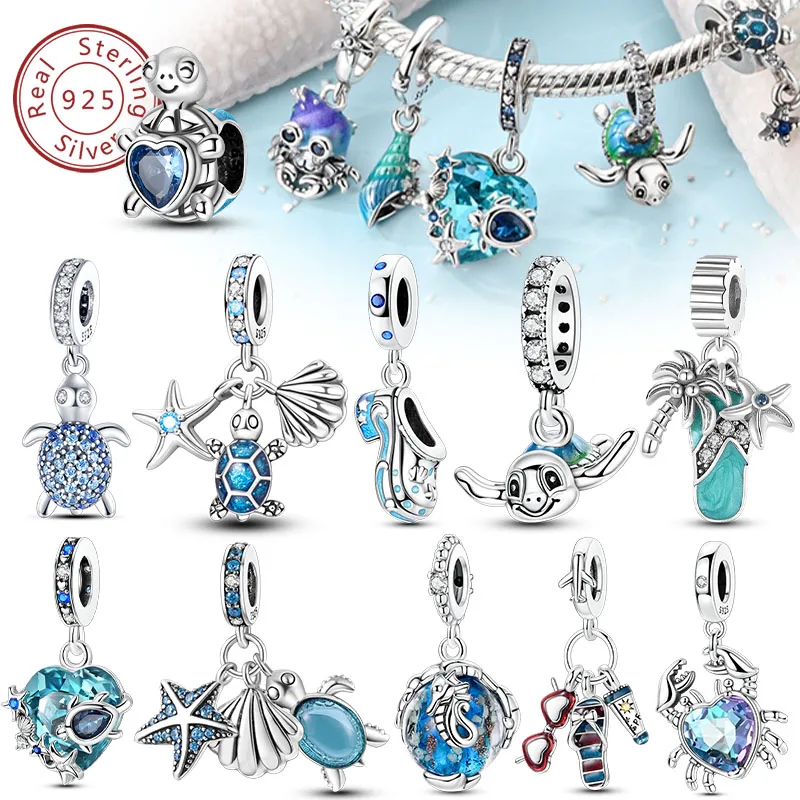 New 925 Sterling Silver Charms Beads Pendants Summer Ocean Turtle Beach Fruit Shell Blue Charm For Women Bracelet Jewelry Gift