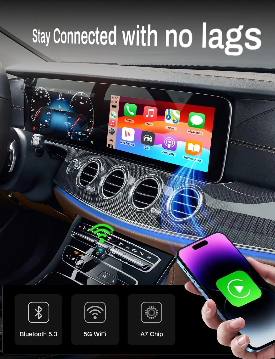 Shiny Silver Wireless CarPlay Adapter Fast Auto-Connect Android Auto Dongle Compact Plug for Smooth Driving Experience