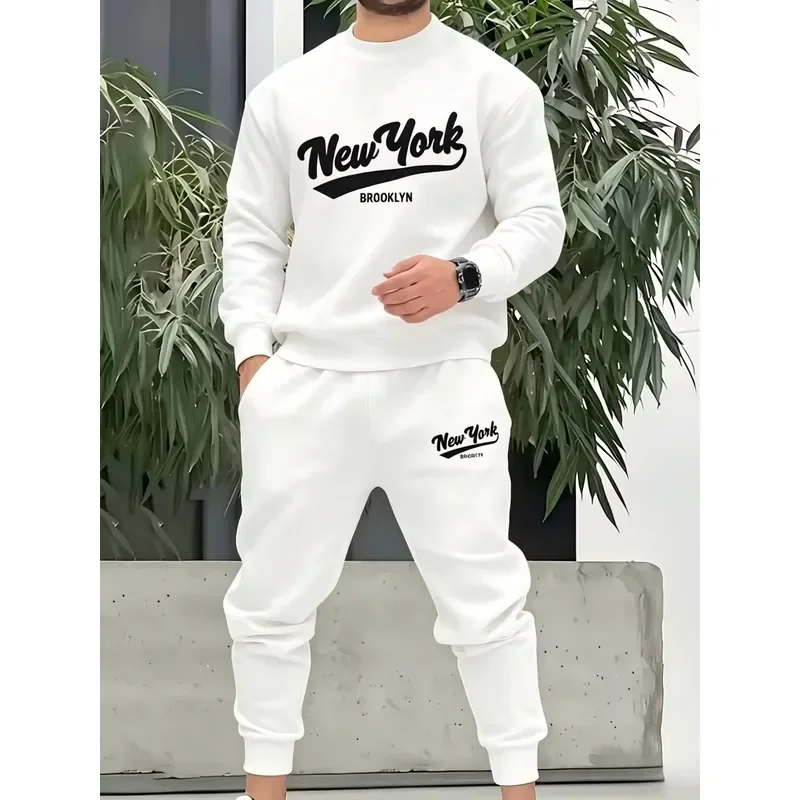 Men Casual Two Piece Set Long Sleeve Crew Neck Pants 3D Letter Print Street Sports Fashion Outfit For Daily Wear Comfortable