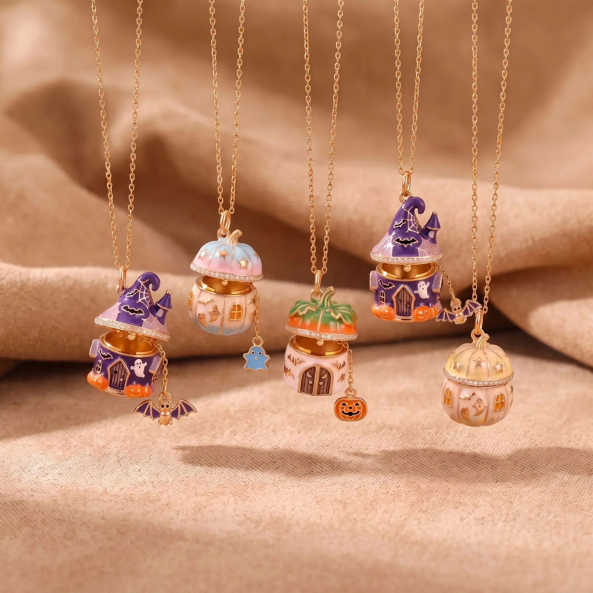 Halloween Opening and Closing Pumpkin Pendant Necklace Magic House Necklace Enamel Ghost Bat Necklace Halloween Jewelry Gift