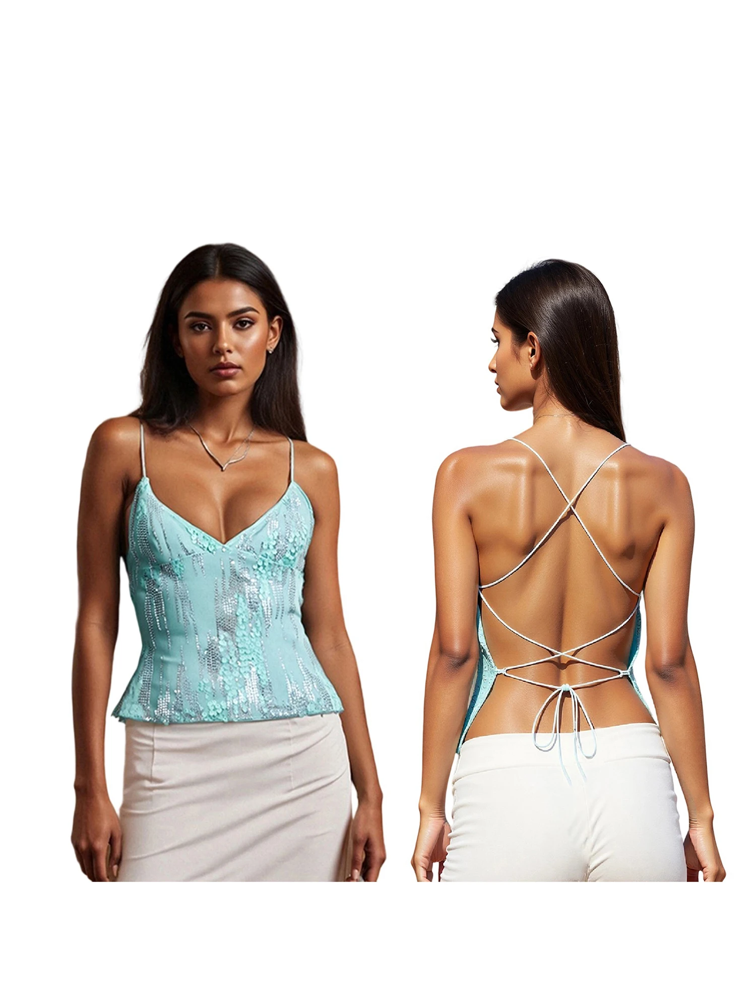 Damskie błyszczące cekinowe crop topy, seksowne topy na ramiączkach z dekoltem w serek, brokatowe bezrękawniki, lśniące bluzki na imprezę i do klubu.