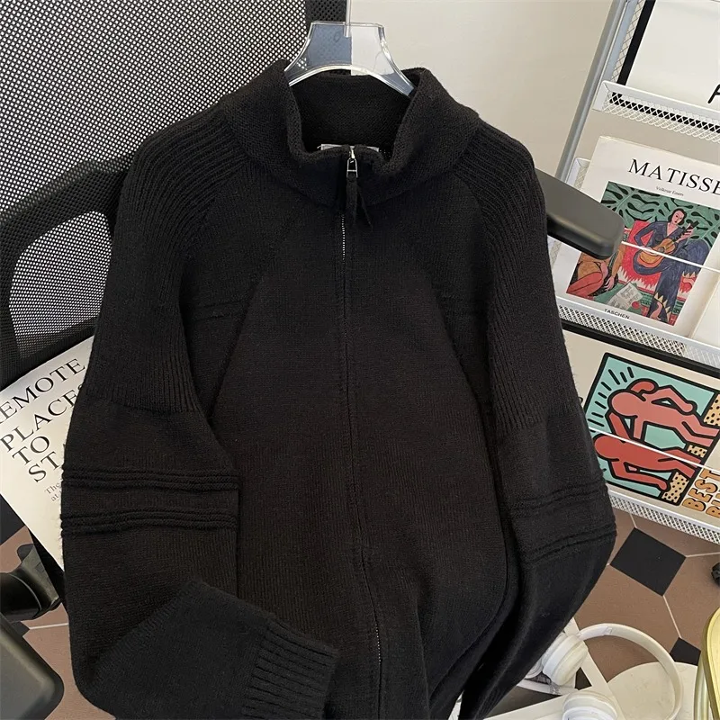 

Autumn Winter Lazy Style Simple Versatile Solid Color Heavy Zipper Casual Loose Sweater Melard Knitted Stand Collar Cardigan