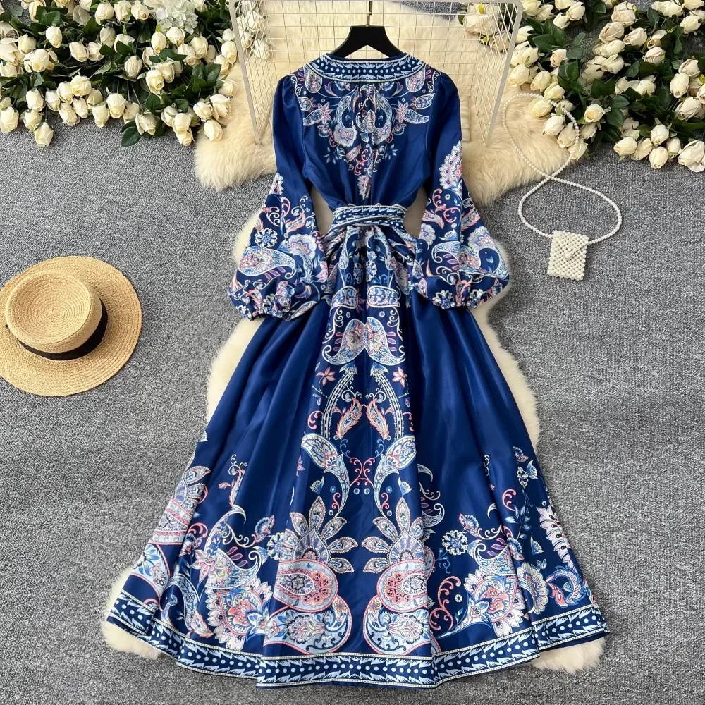 TWOTINSTYLE New Printted High Street Dresses For Women V Neck Long Sleeve Patchwork Sashes Temperament Dress Female KDR523828