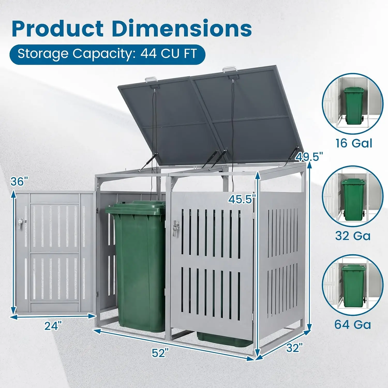 Outdoor Trash Storage 44 Cu.Ft 2 Lockable Doors Gas Struts Slant-roof Patio Backyard Garden 52