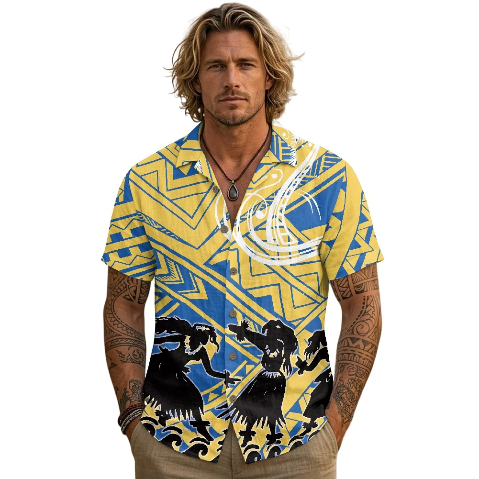PENSTROLL Geometric Dance Print Linen Like Men Clothing Short Sleeve Button Down Shirt, Loose Fit Breathable Top for Mens S-3XL