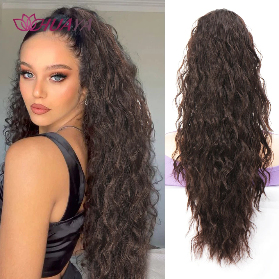 

26Inch Long Ponytail Extensions Clip in Synthetic Drawstring Ponytail Wig Deep Wave Pony Tail for Women Hairpiece