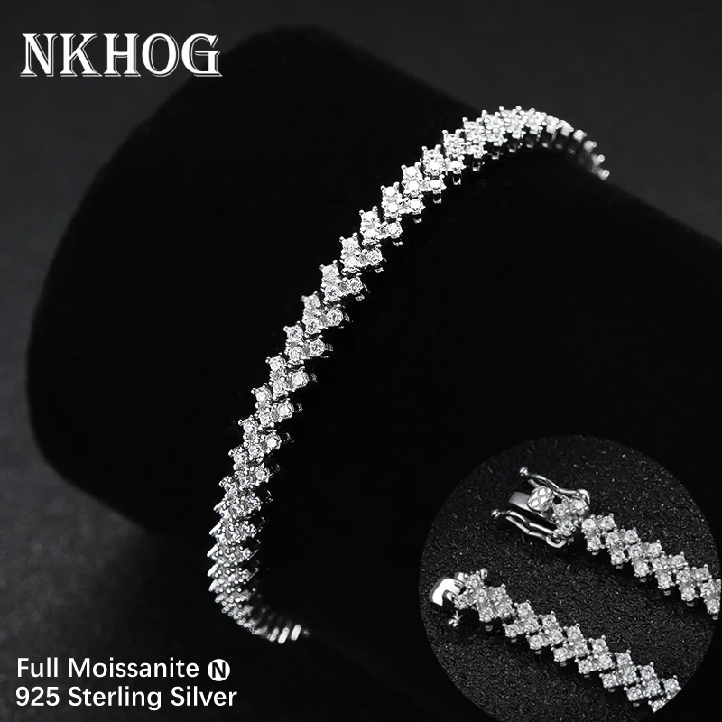 

NKHOG Full 1.5mm Moissanite Tennis Bracelet Women S925 Silver Plated 18K Gold Heart Hand Chain Test Positive Fine Jewelry Gifts