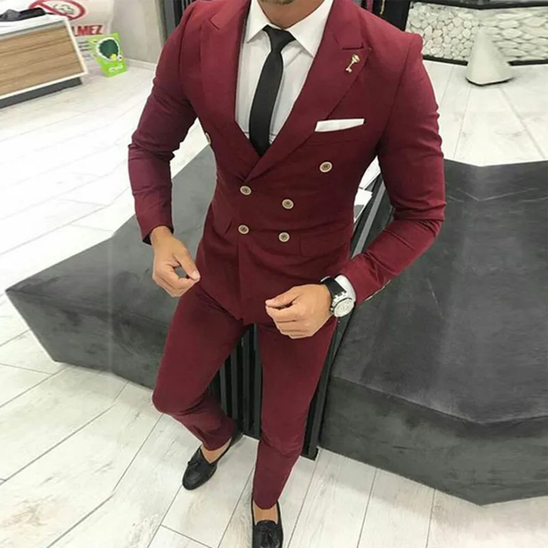 

Burgundy Men Suits Double Breasted Casual Style Slim Fit Groom Tuxedo for Wedding Male Fashion Blazer 2 Piece Costume Homme
